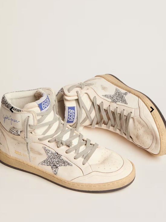 Golden Goose Shoes - Golden Goose Cream High-Top Sneakers with Silver Glitter Star Accent